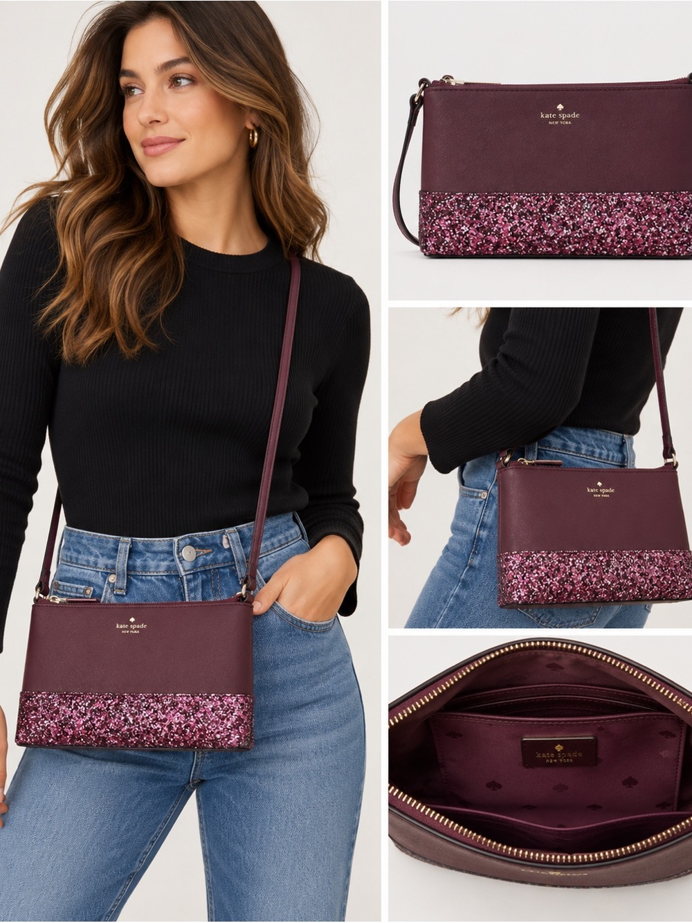 KATE SPADE New York Flash Glitter Crossbody in Cherrywood